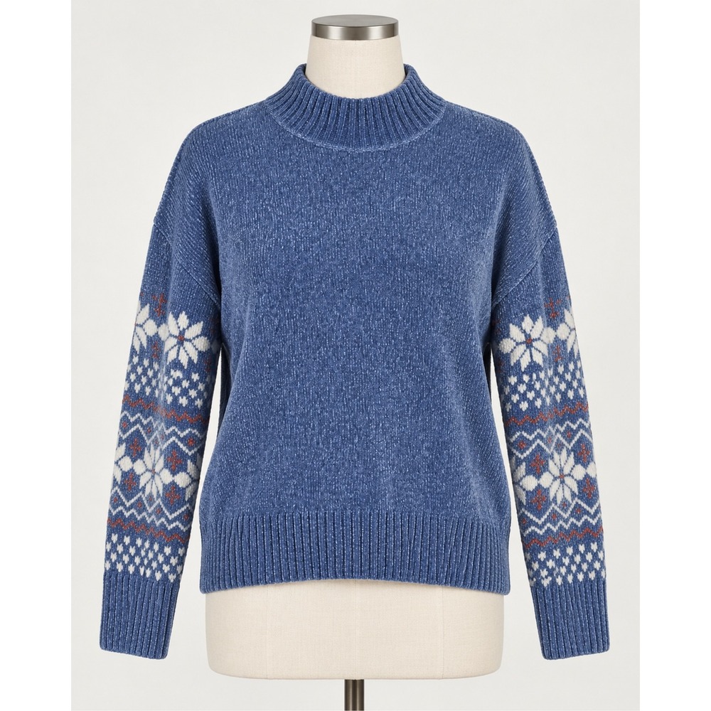 Christian Siriano Blue Chenille Fair Isle Snowflake Mock Neck Pullover Sweater M